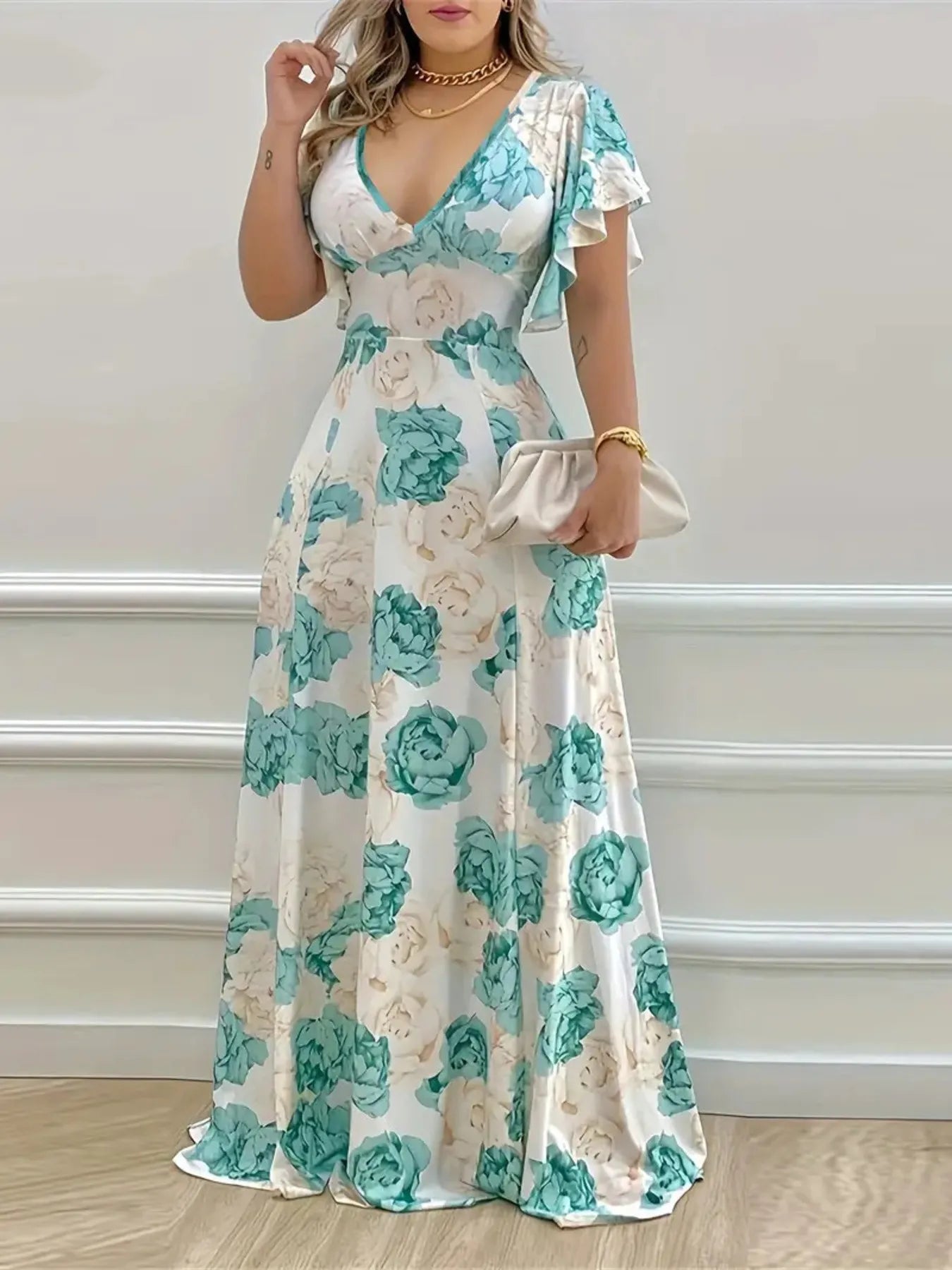Violet Floral Maxi Dress with Flutter Sleeves