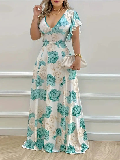 Violet Floral Maxi Dress with Flutter Sleeves