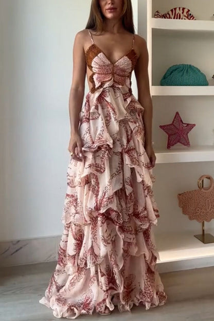 Ariae Butterfly Print Ruffle Maxi Dress