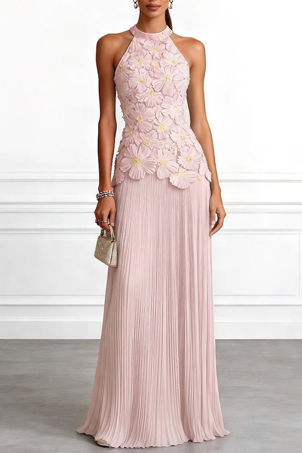 Emilie 3D Floral Embroidered Halter Maxi Dress