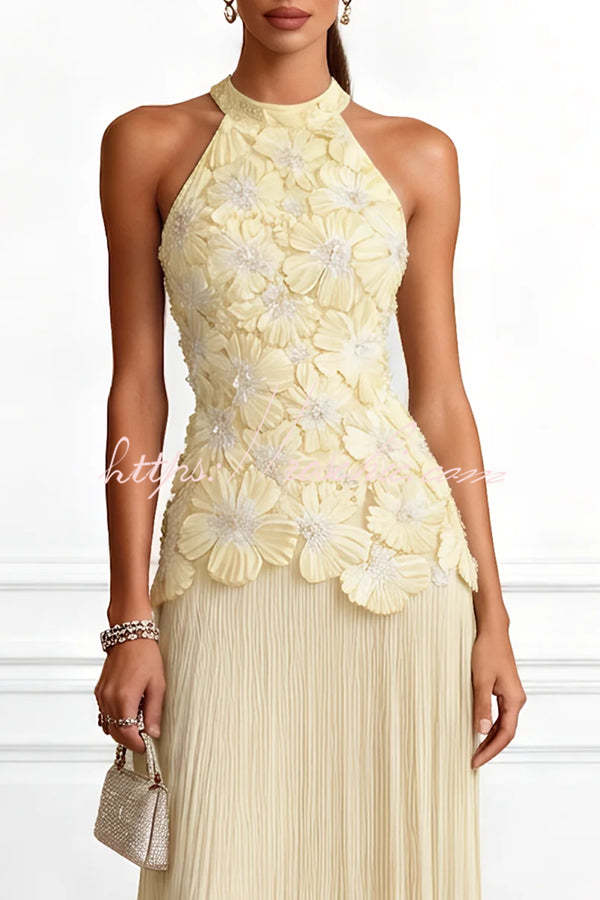 Emilie 3D Floral Embroidered Halter Maxi Dress