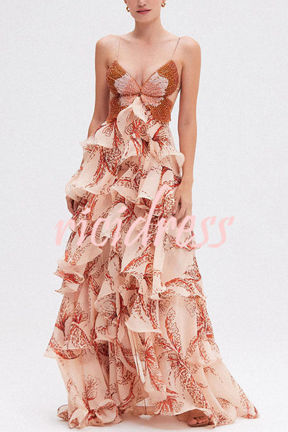 Ariae Butterfly Print Ruffle Maxi Dress