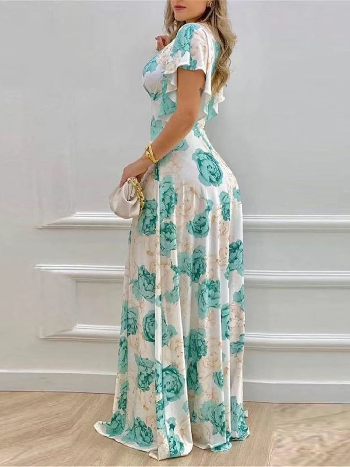 Violet Floral Maxi Dress with Flutter Sleeves