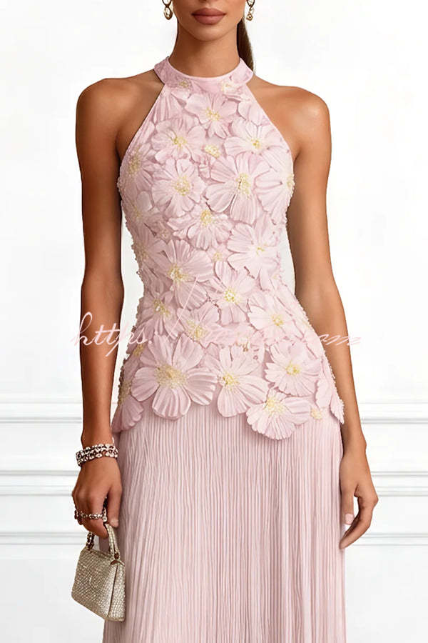 Emilie 3D Floral Embroidered Halter Maxi Dress