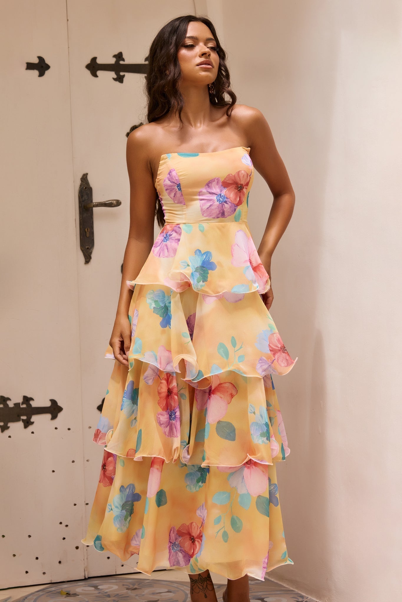 Arabella Chiffon Maxi Dress in Yellow Multi