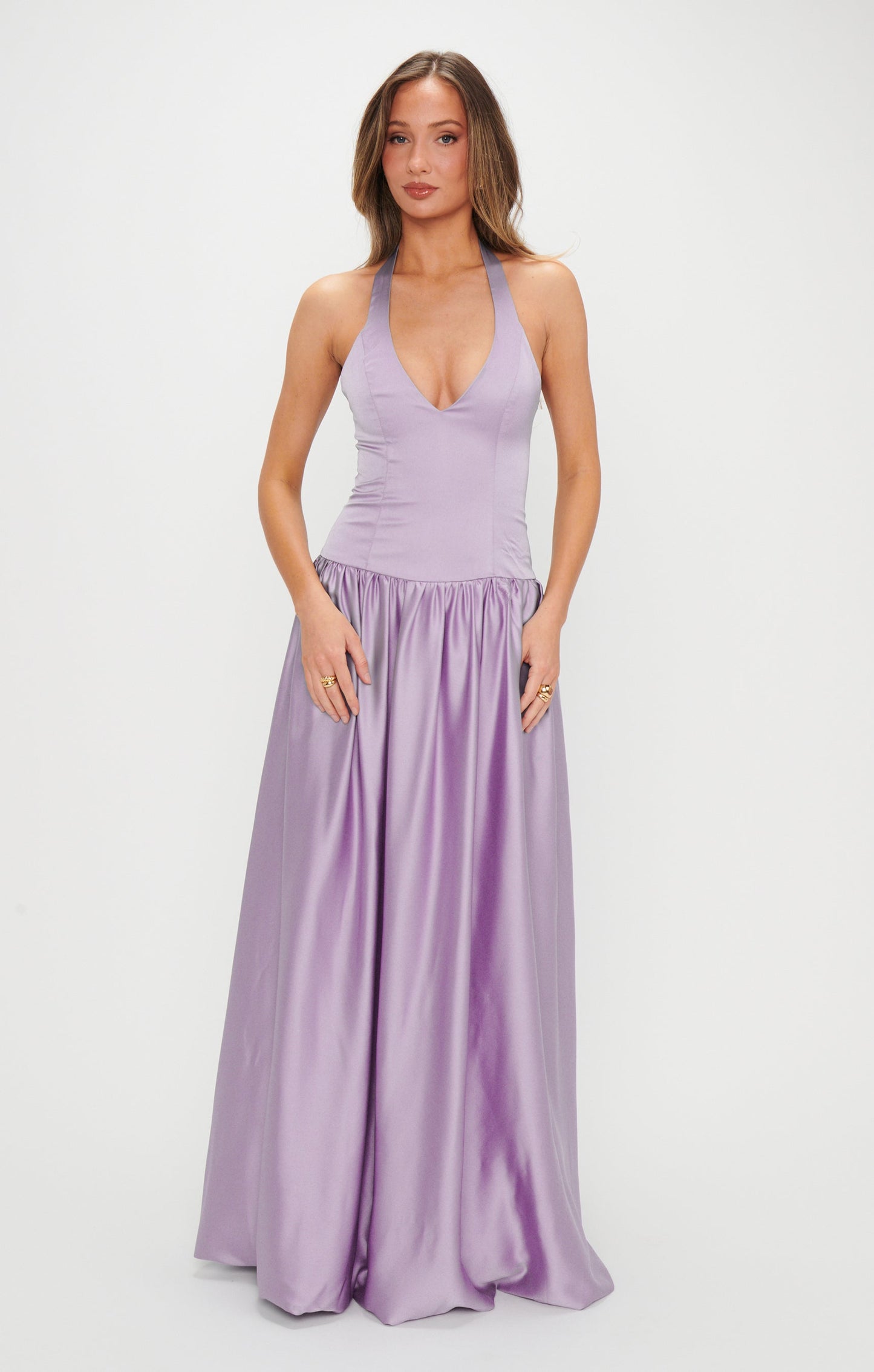 Eliza Lavender Satin Maxi Dress