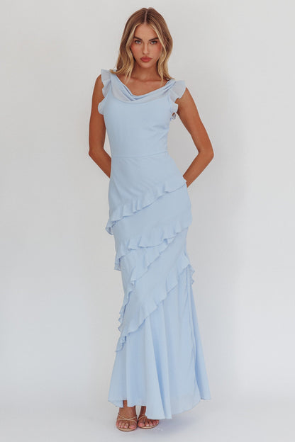 Valentina Cowl Neck Ruffle Maxi Dress in Sapphire