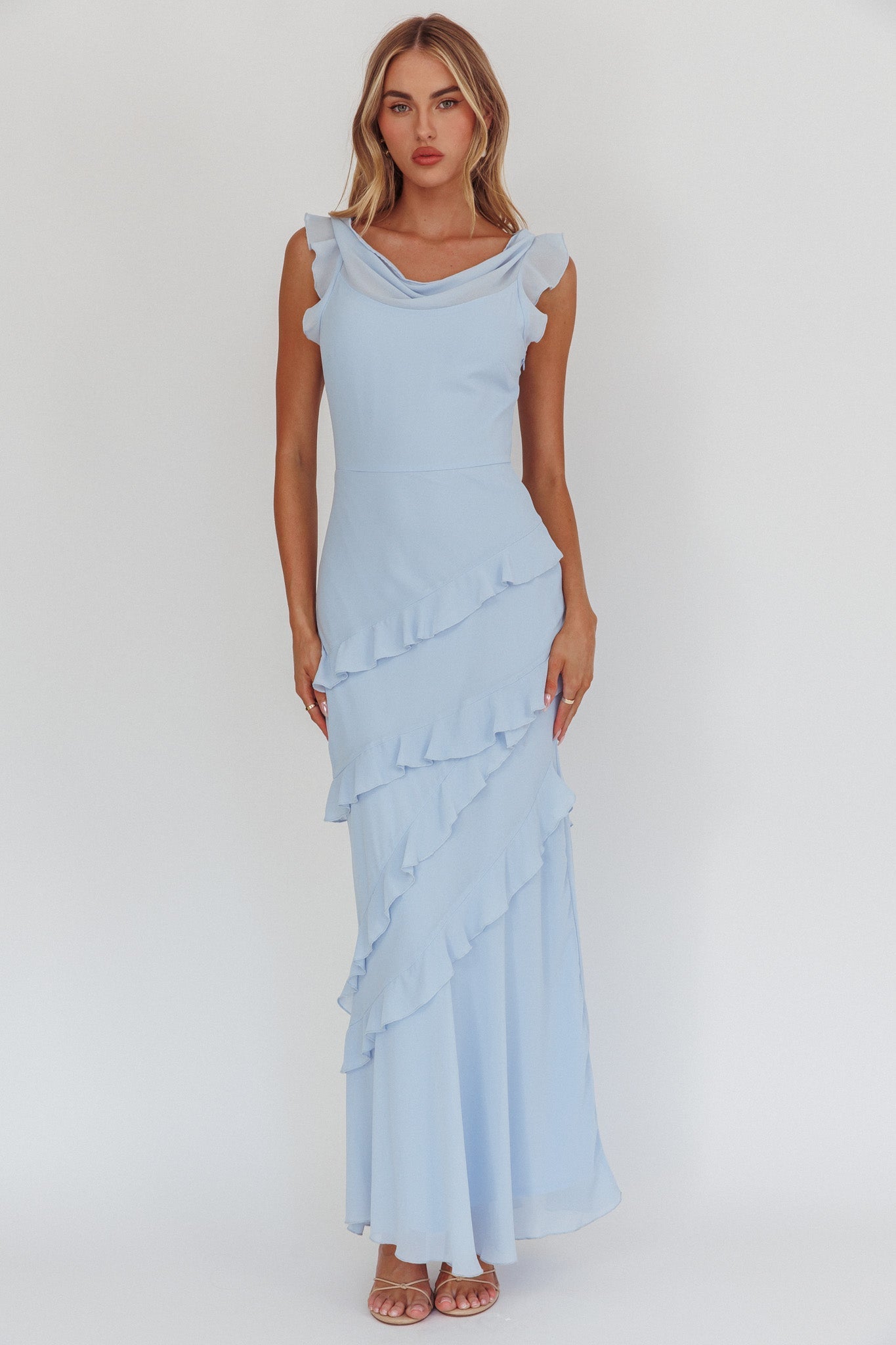 Valentina Cowl Neck Ruffle Maxi Dress in Sapphire