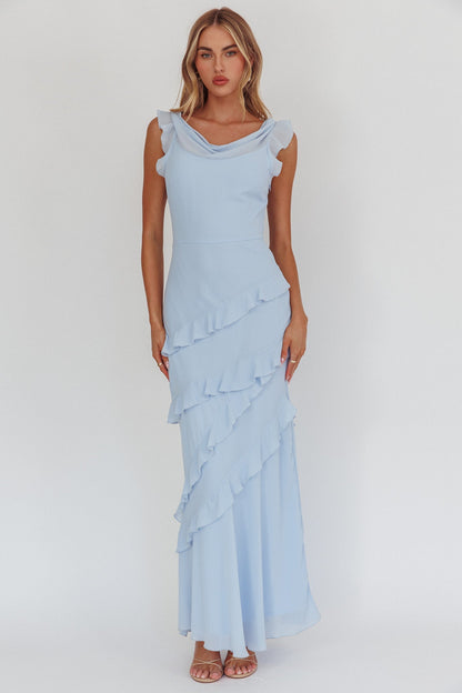 Valentina Cowl Neck Ruffle Maxi Dress in Sapphire