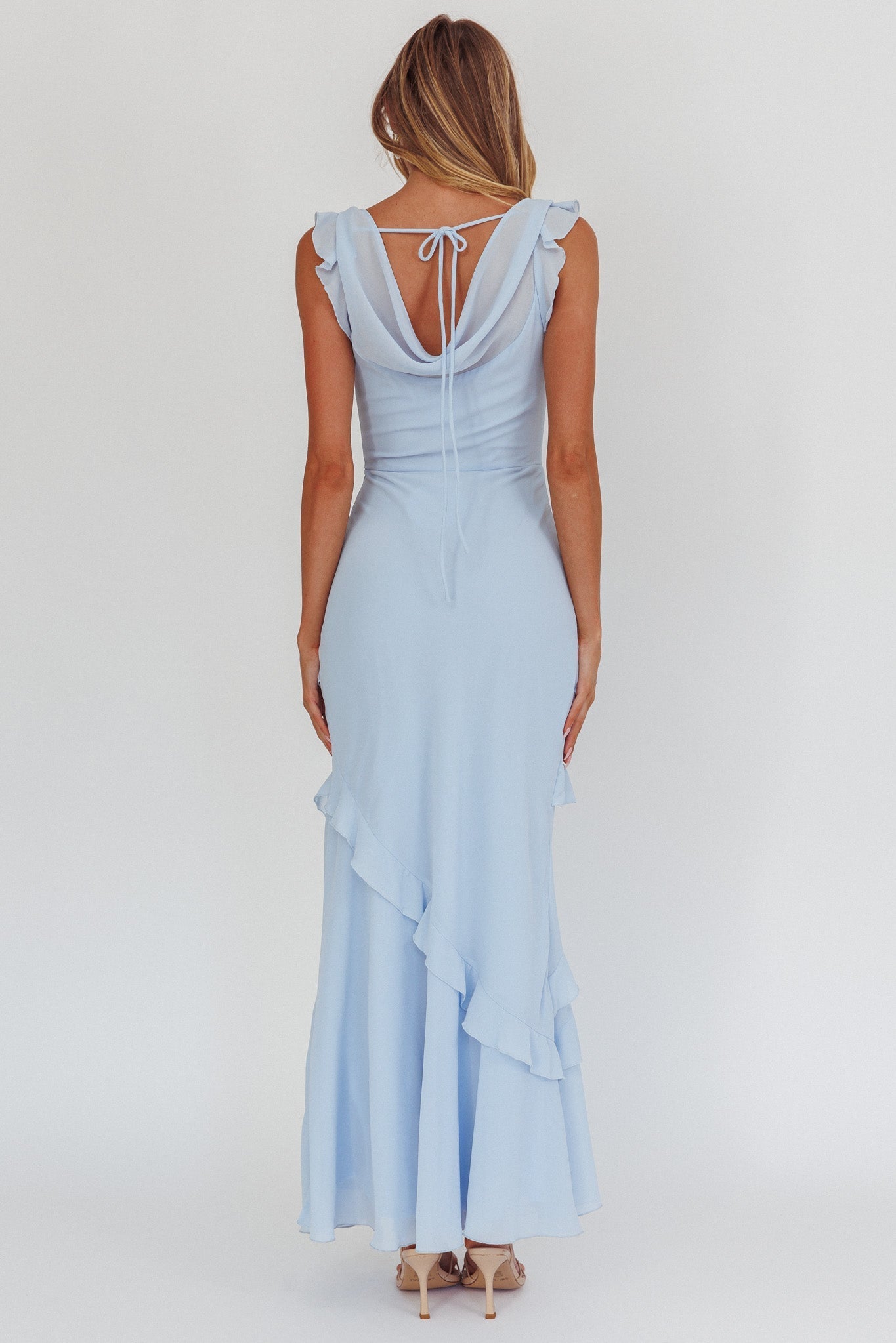 Valentina Cowl Neck Ruffle Maxi Dress in Sapphire