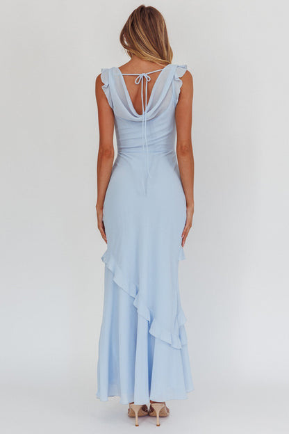Valentina Cowl Neck Ruffle Maxi Dress in Sapphire