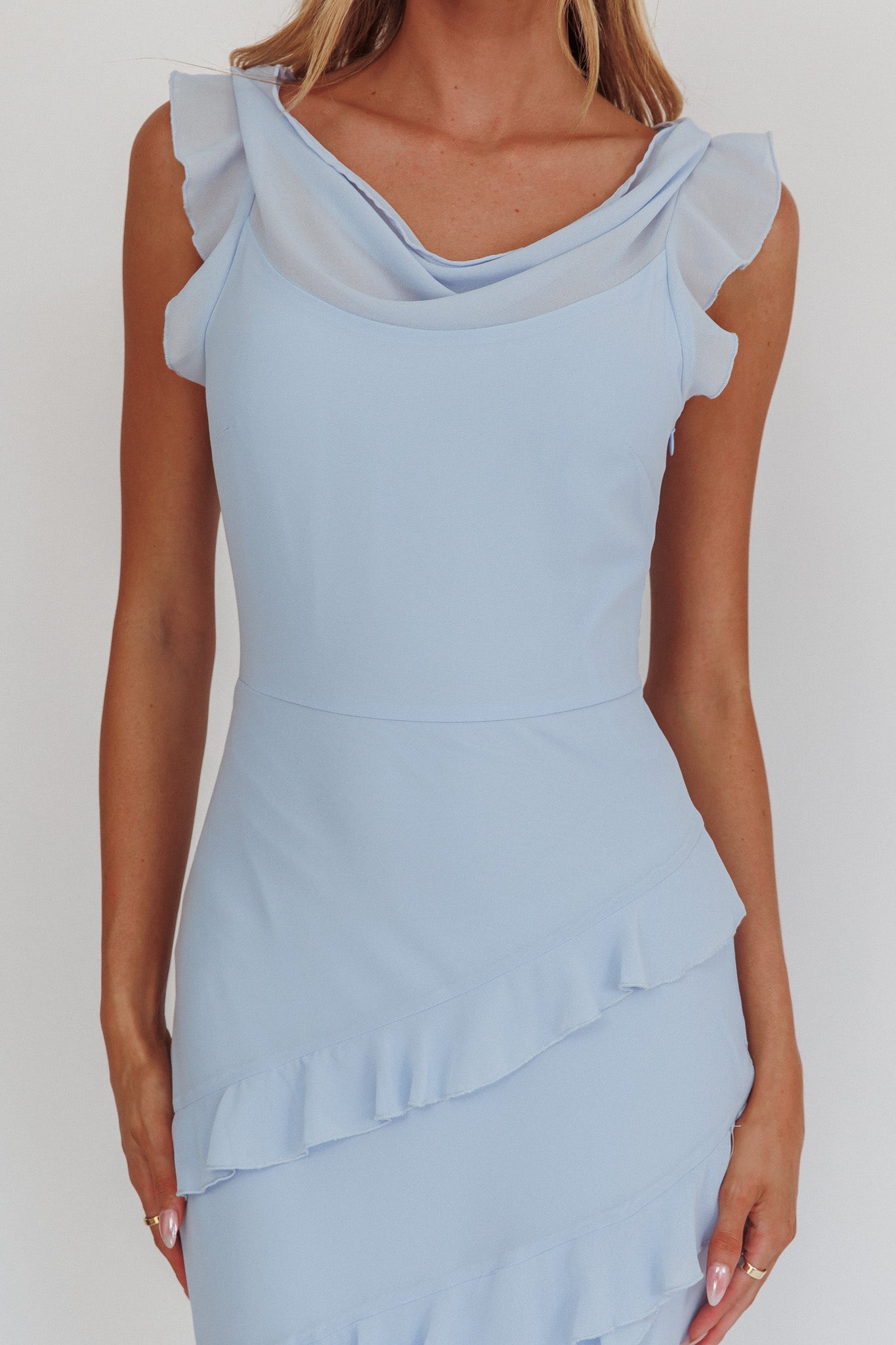 Valentina Cowl Neck Ruffle Maxi Dress in Sapphire