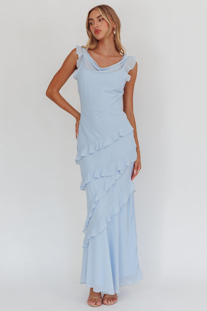 Valentina Cowl Neck Ruffle Maxi Dress in Sapphire