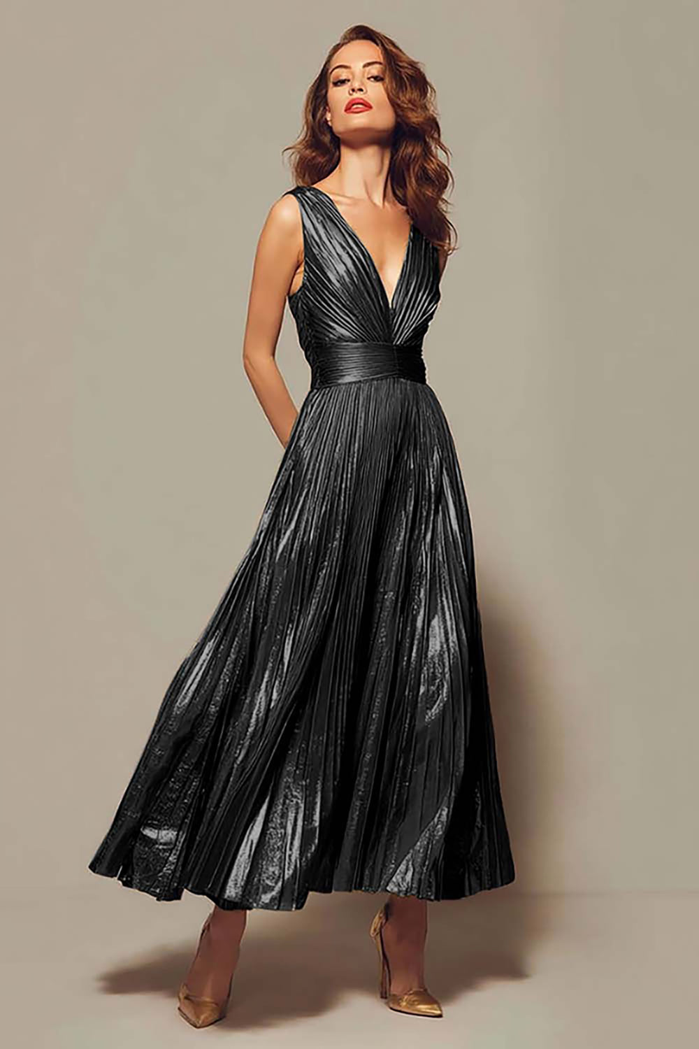 Valentina Gold Metallic Pleated Gown