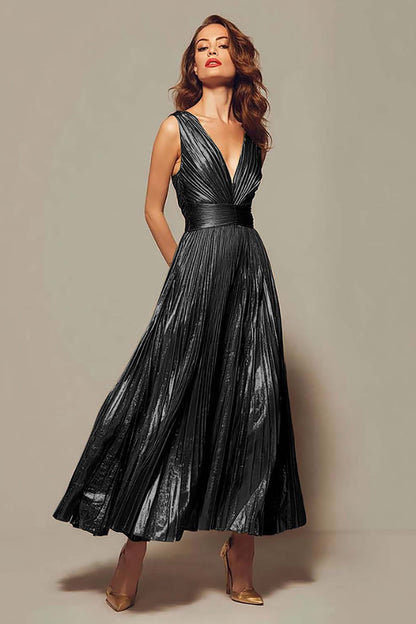 Valentina Gold Metallic Pleated Gown