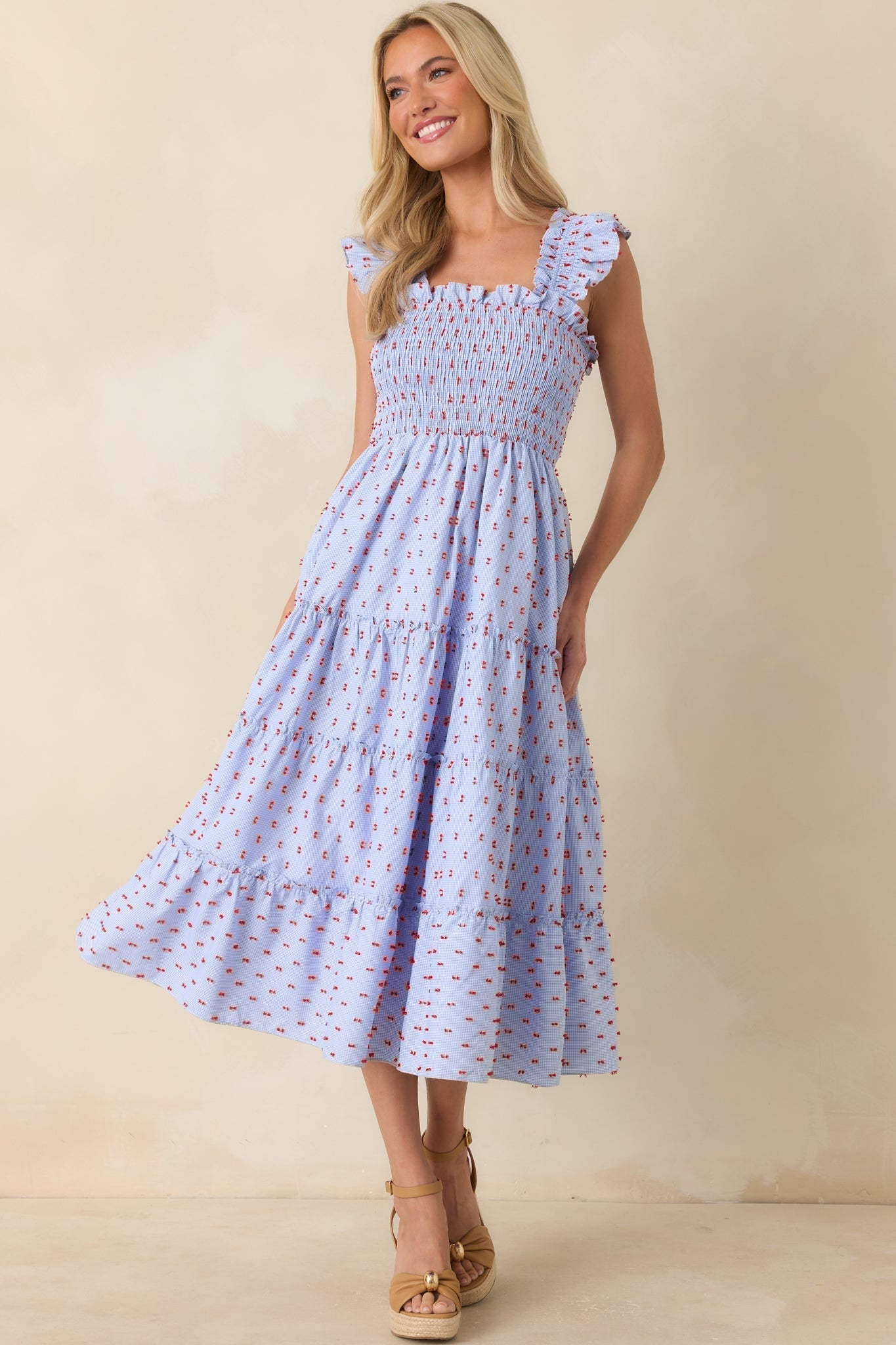 Prosperina Gingham Embroidered Midi Dress