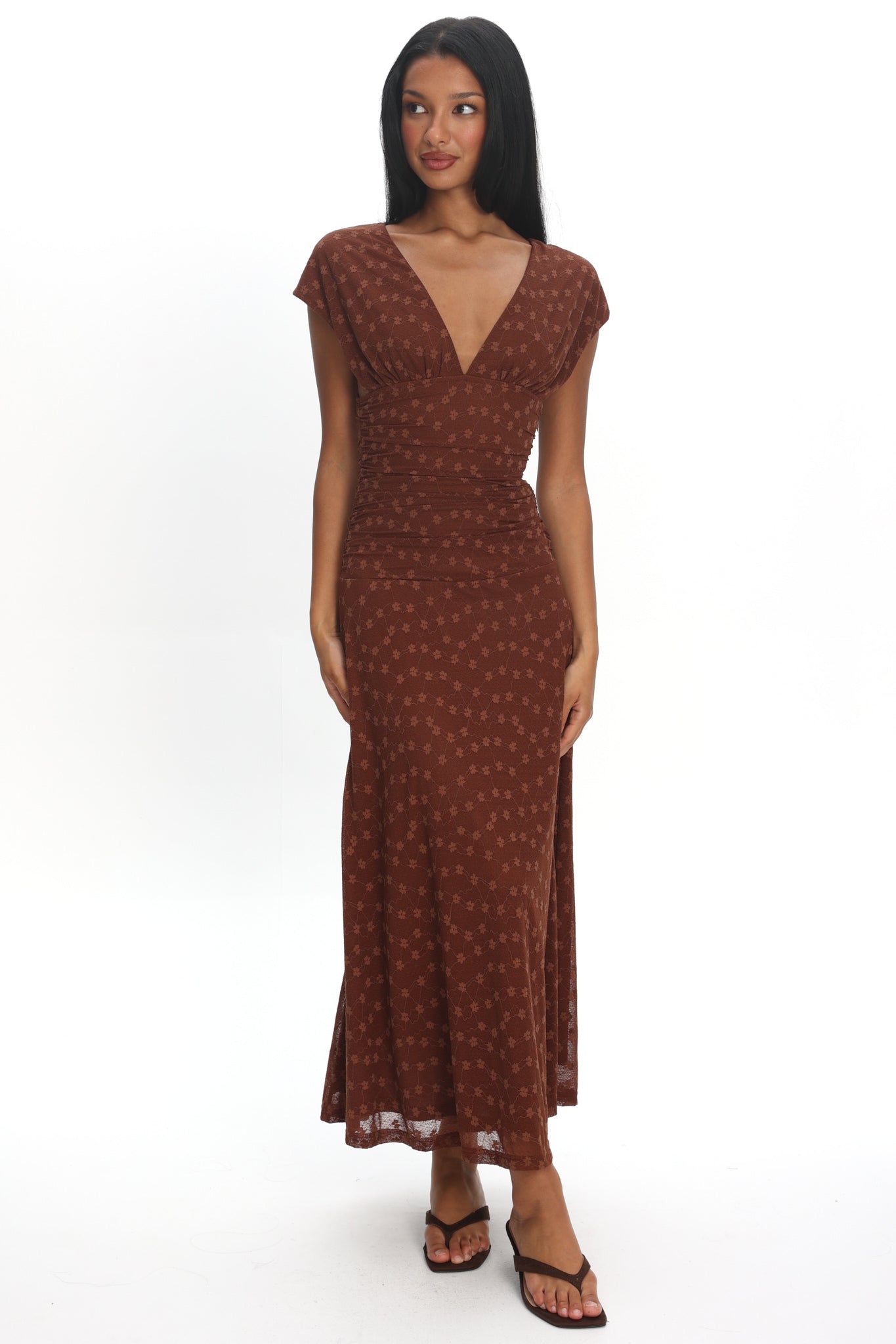 Novia Ruched Bodice Maxi Dress in Chocolate
