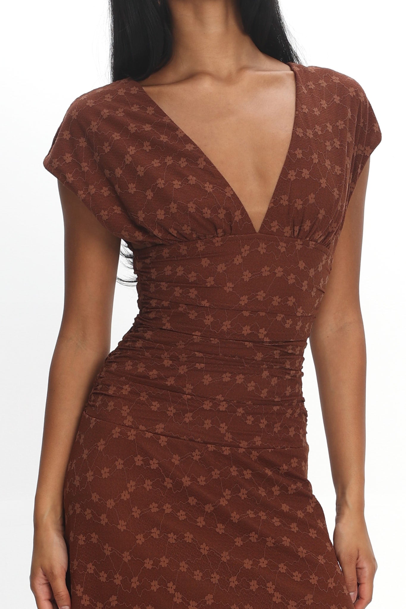 Novia Ruched Bodice Maxi Dress in Chocolate