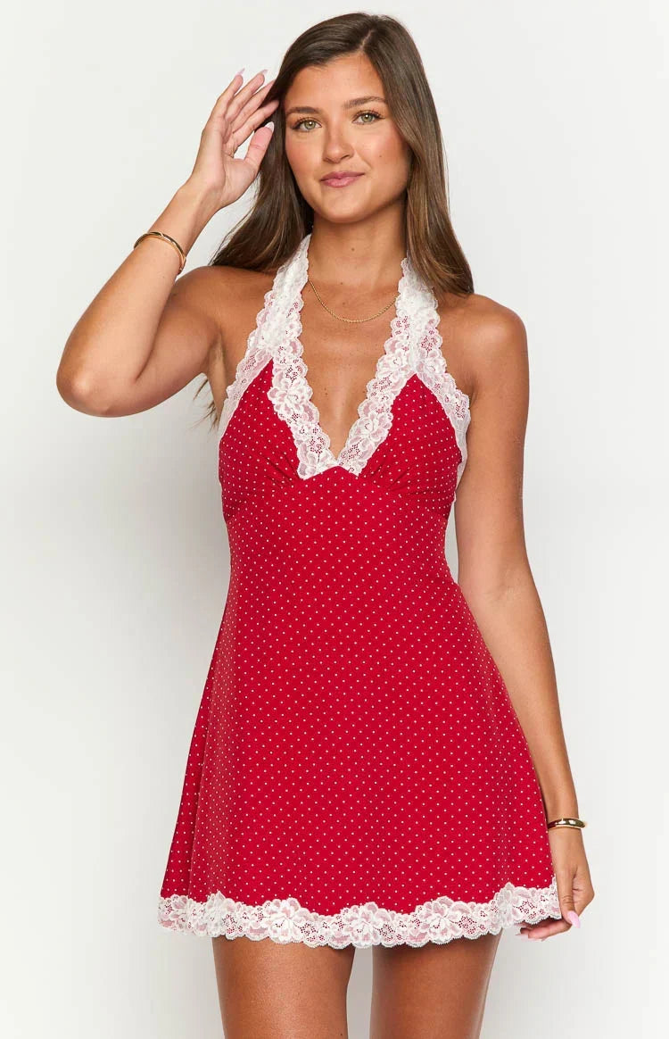 Cassidy Polka Dot Mini Dress in Burgundy