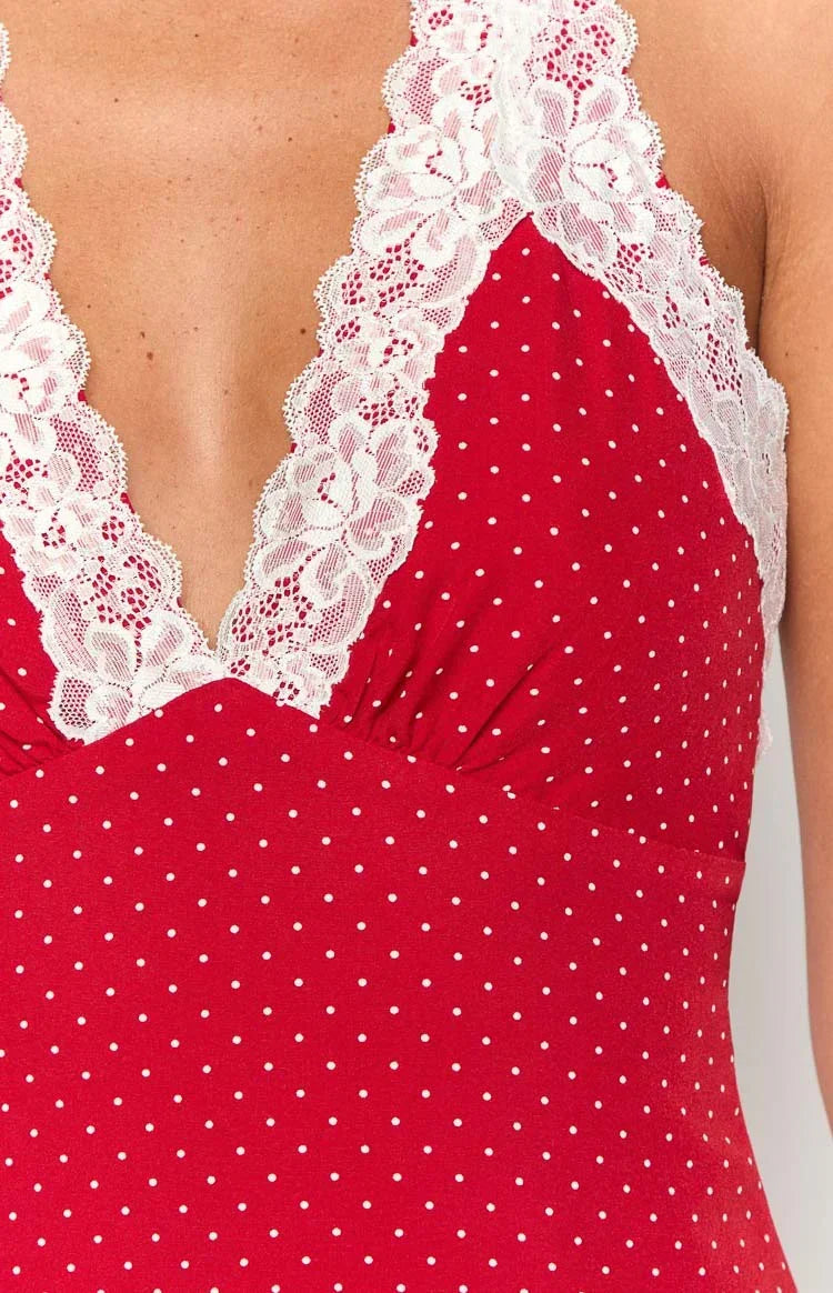 Cassidy Polka Dot Mini Dress in Burgundy