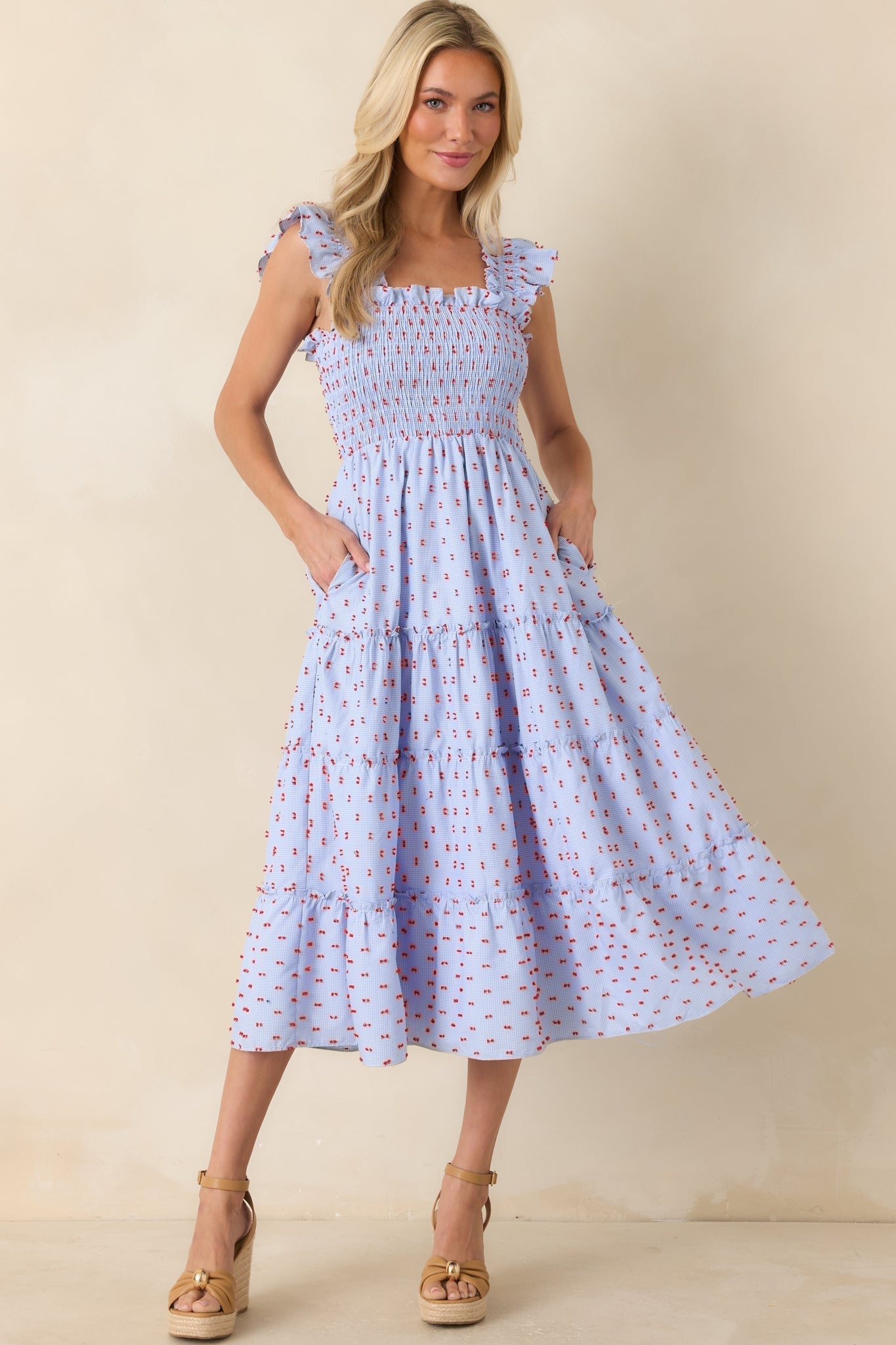Prosperina Gingham Embroidered Midi Dress