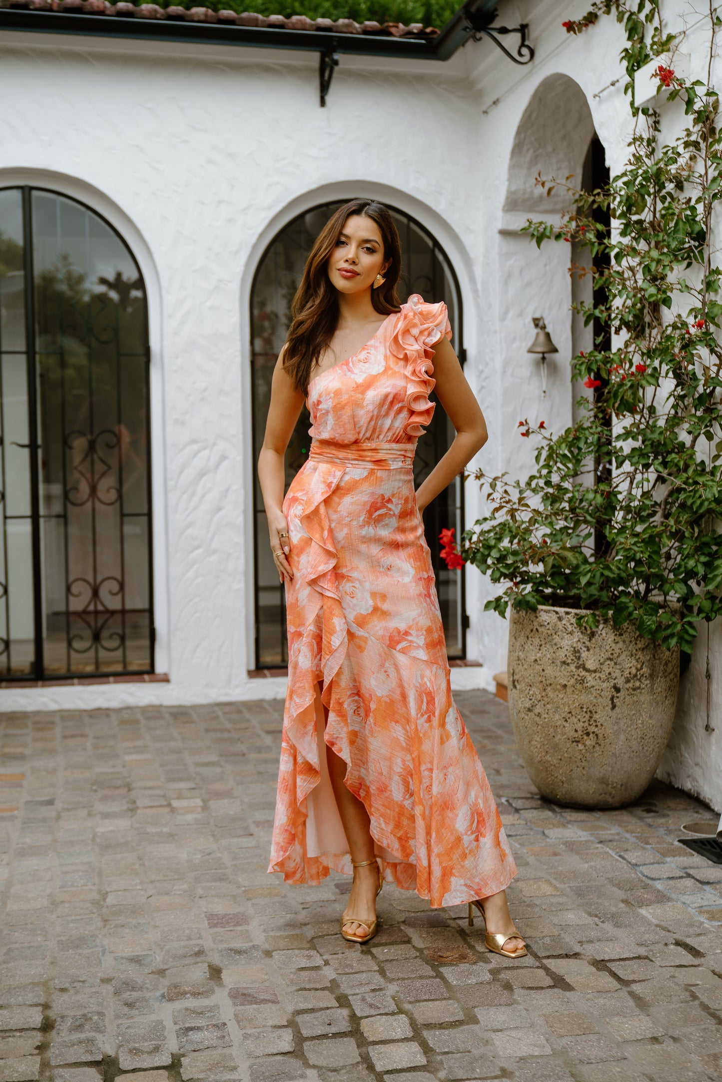 Dominique Pink One-Shoulder Ruffle Maxi Dress