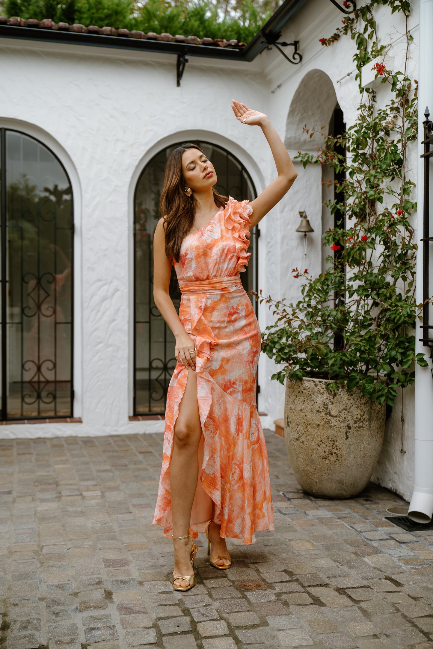 Dominique Pink One-Shoulder Ruffle Maxi Dress