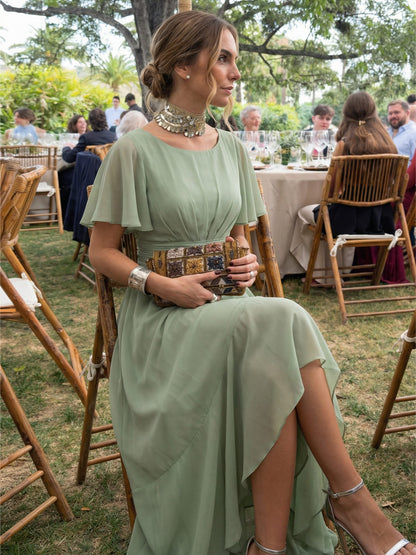 Ever Sage Chiffon Ruffle Sleeve Dress