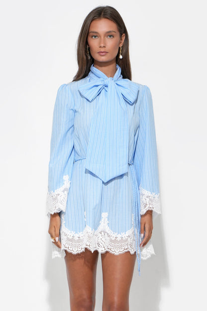 Isabelle Tie-Neck Striped Lace Mini Dress