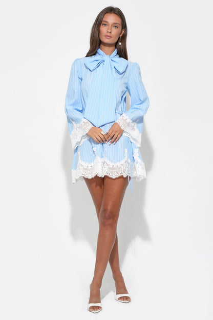 Isabelle Tie-Neck Striped Lace Mini Dress