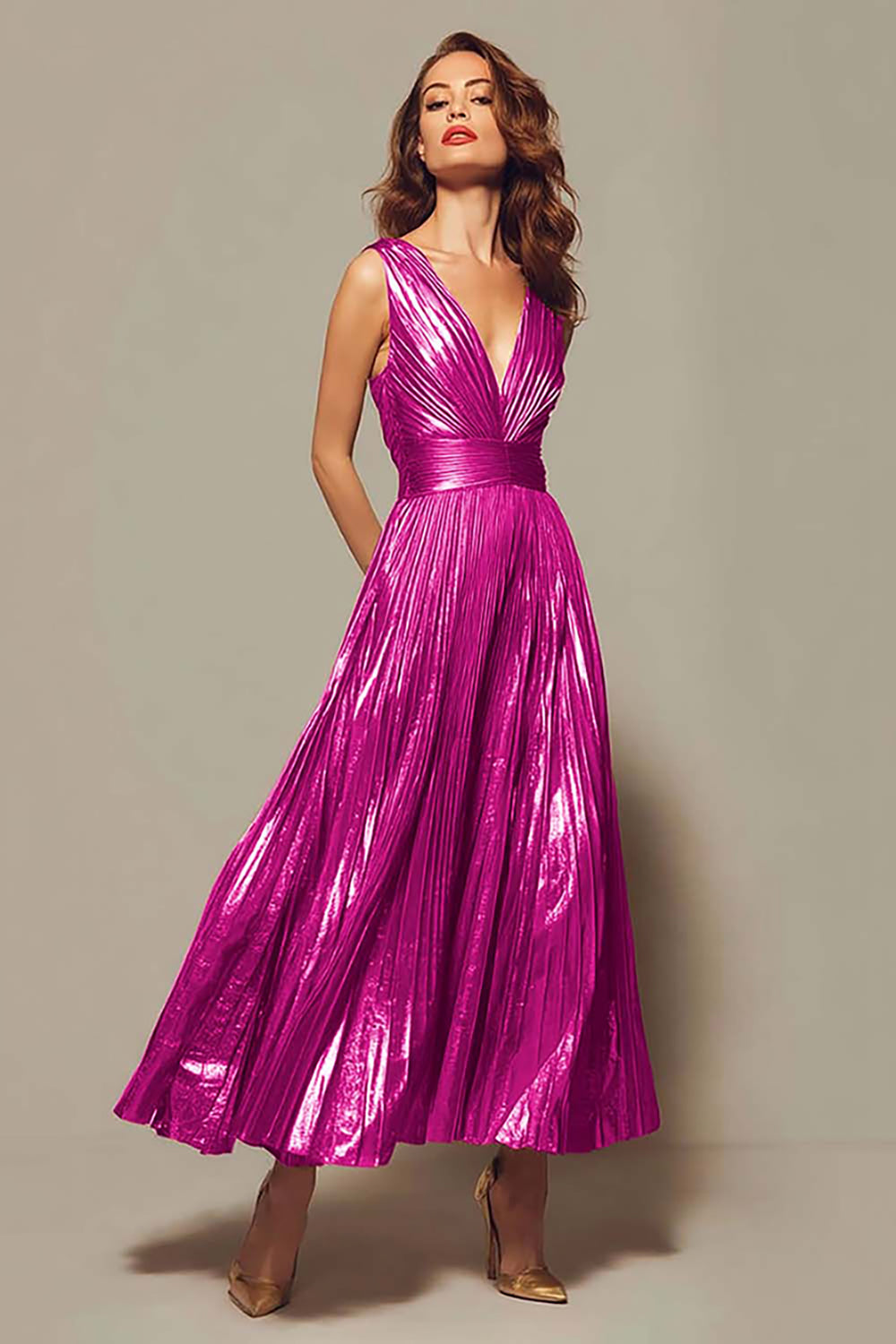 Valentina Gold Metallic Pleated Gown