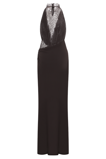 Arra Chiffon & Lace Halter Maxi Dress in Plum