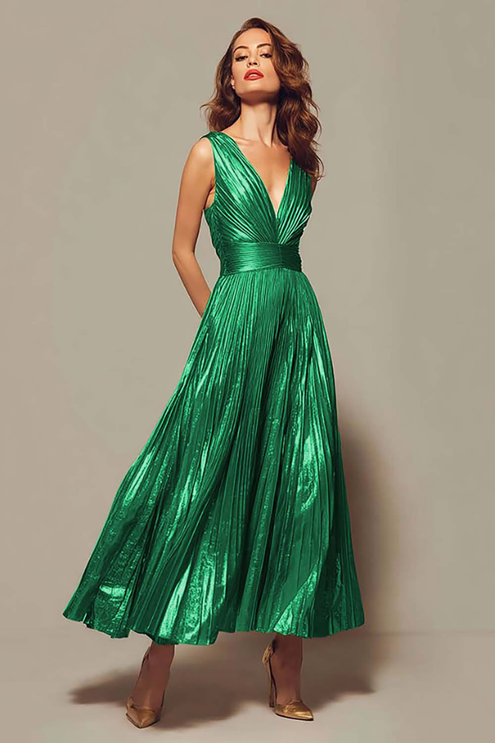 Valentina Gold Metallic Pleated Gown