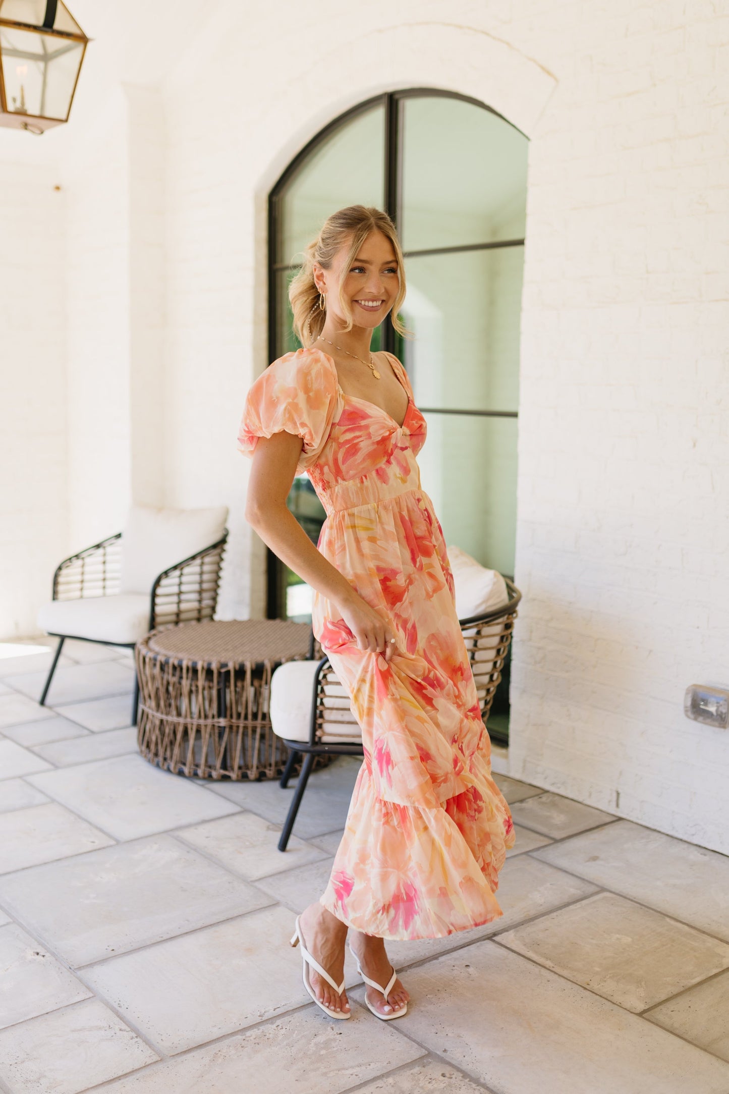 Laine Linen Midi Dress in Peach