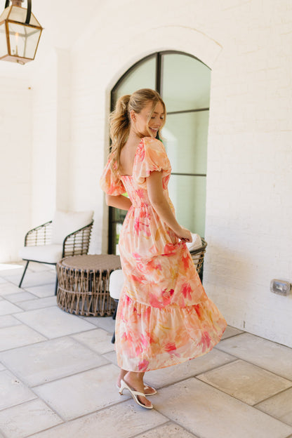 Laine Linen Midi Dress in Peach