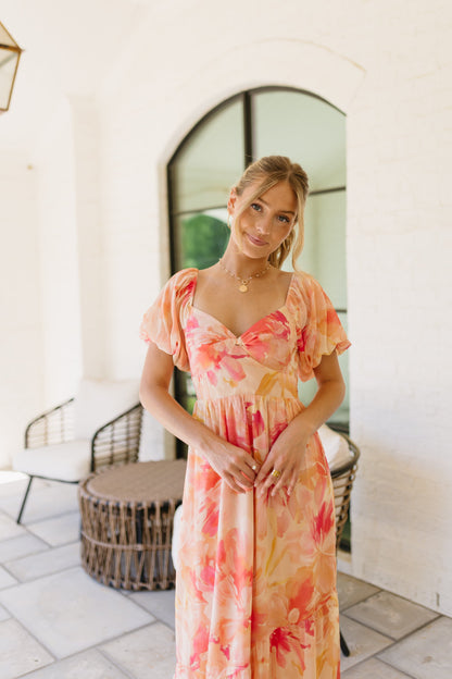 Laine Linen Midi Dress in Peach