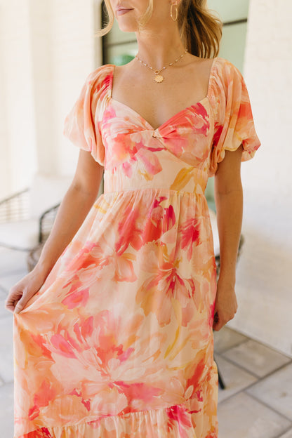 Laine Linen Midi Dress in Peach