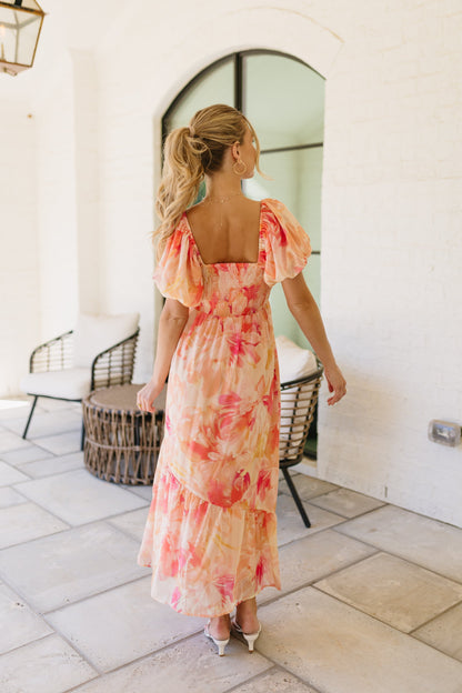 Laine Linen Midi Dress in Peach