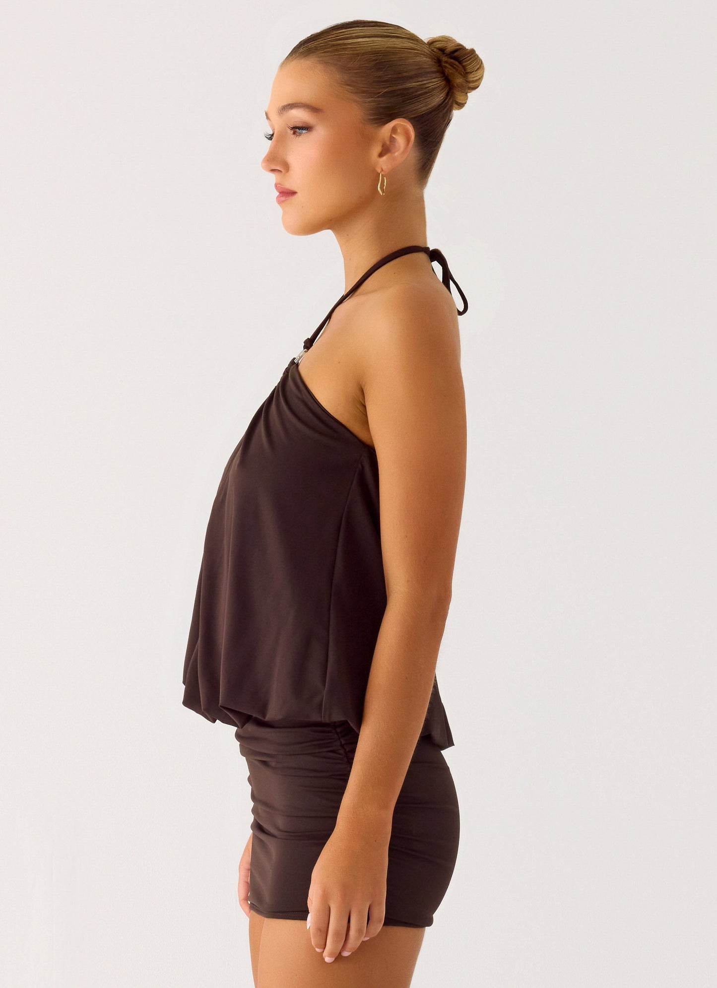 Jisoo Halter Mini Dress in Cool Chocolate
