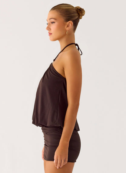 Jisoo Halter Mini Dress in Cool Chocolate