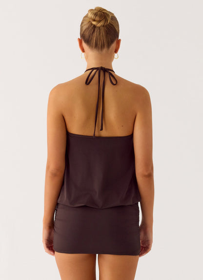 Jisoo Halter Mini Dress in Cool Chocolate