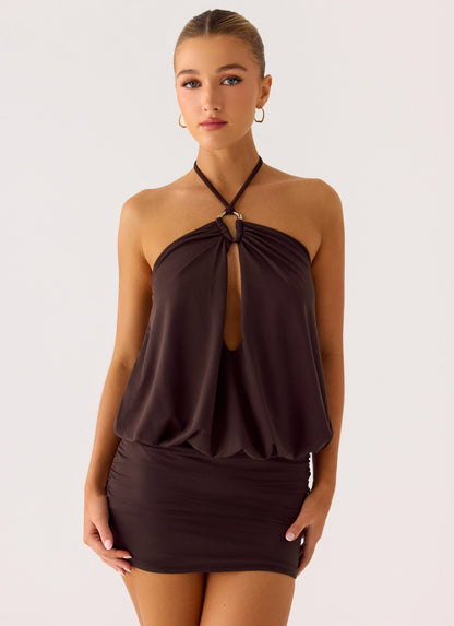 Jisoo Halter Mini Dress in Cool Chocolate