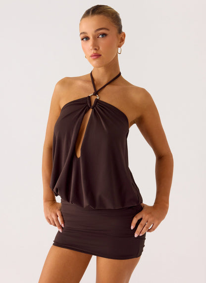 Jisoo Halter Mini Dress in Cool Chocolate