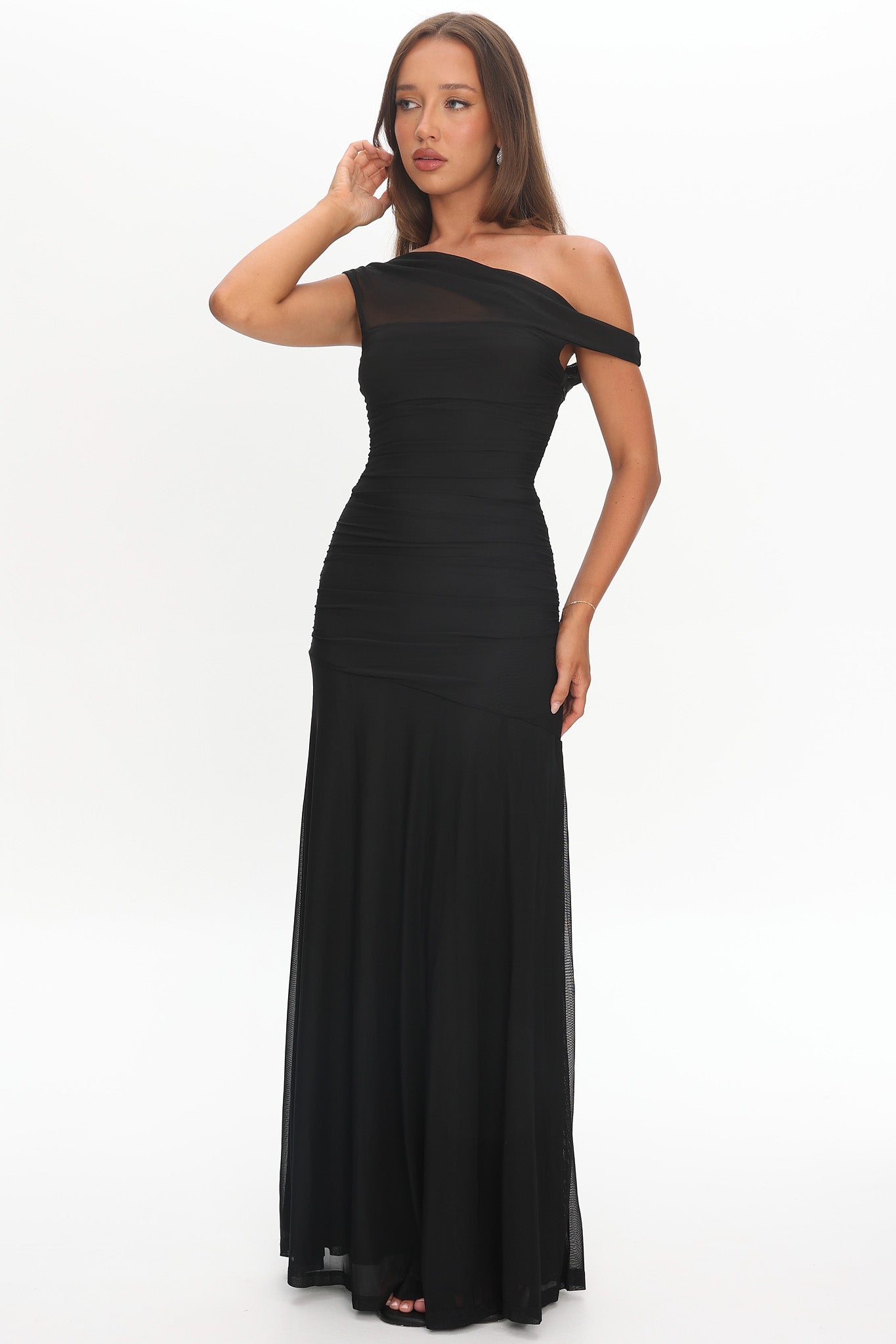 Lylah Asymmetric Mesh Maxi Dress