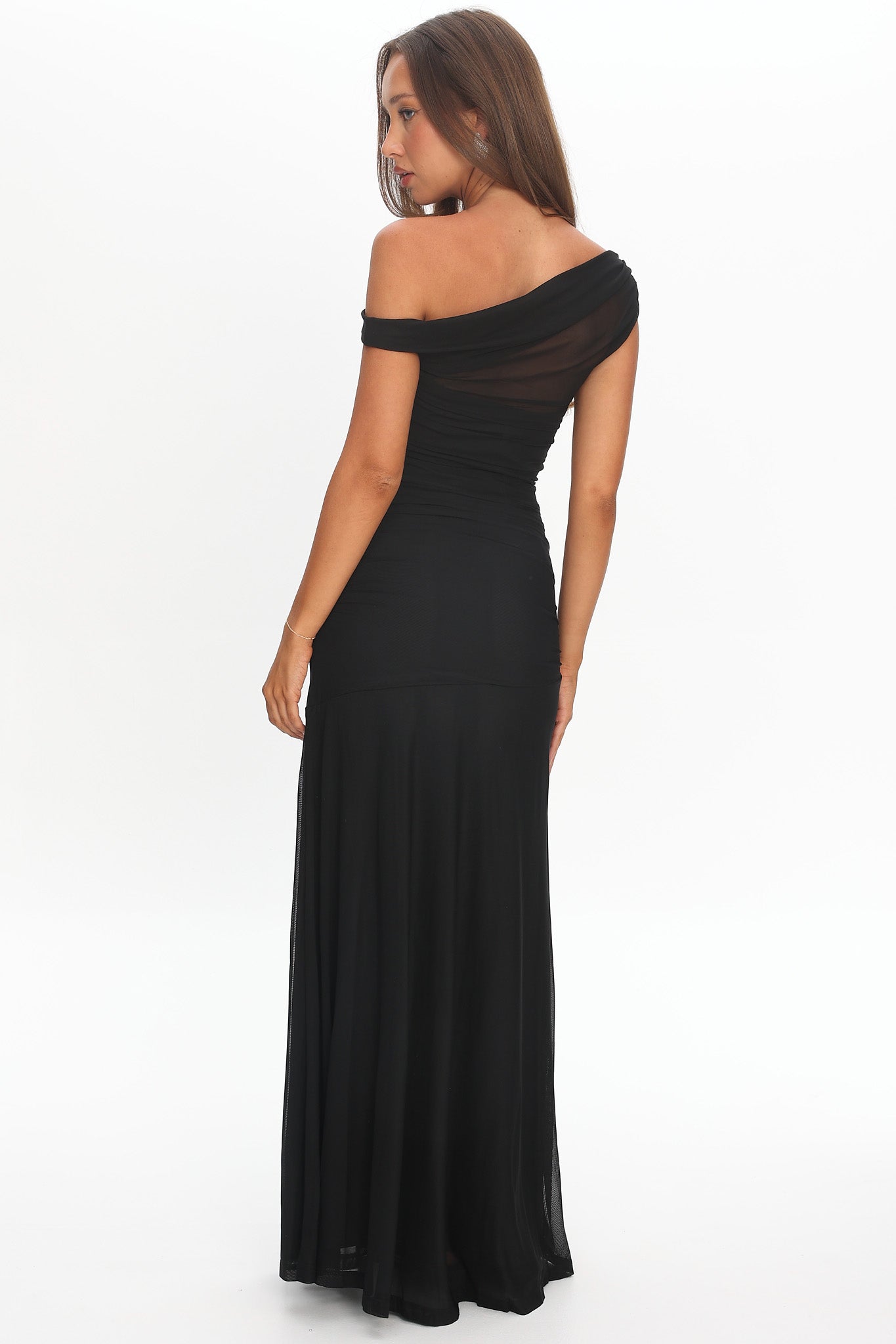Lylah Asymmetric Mesh Maxi Dress