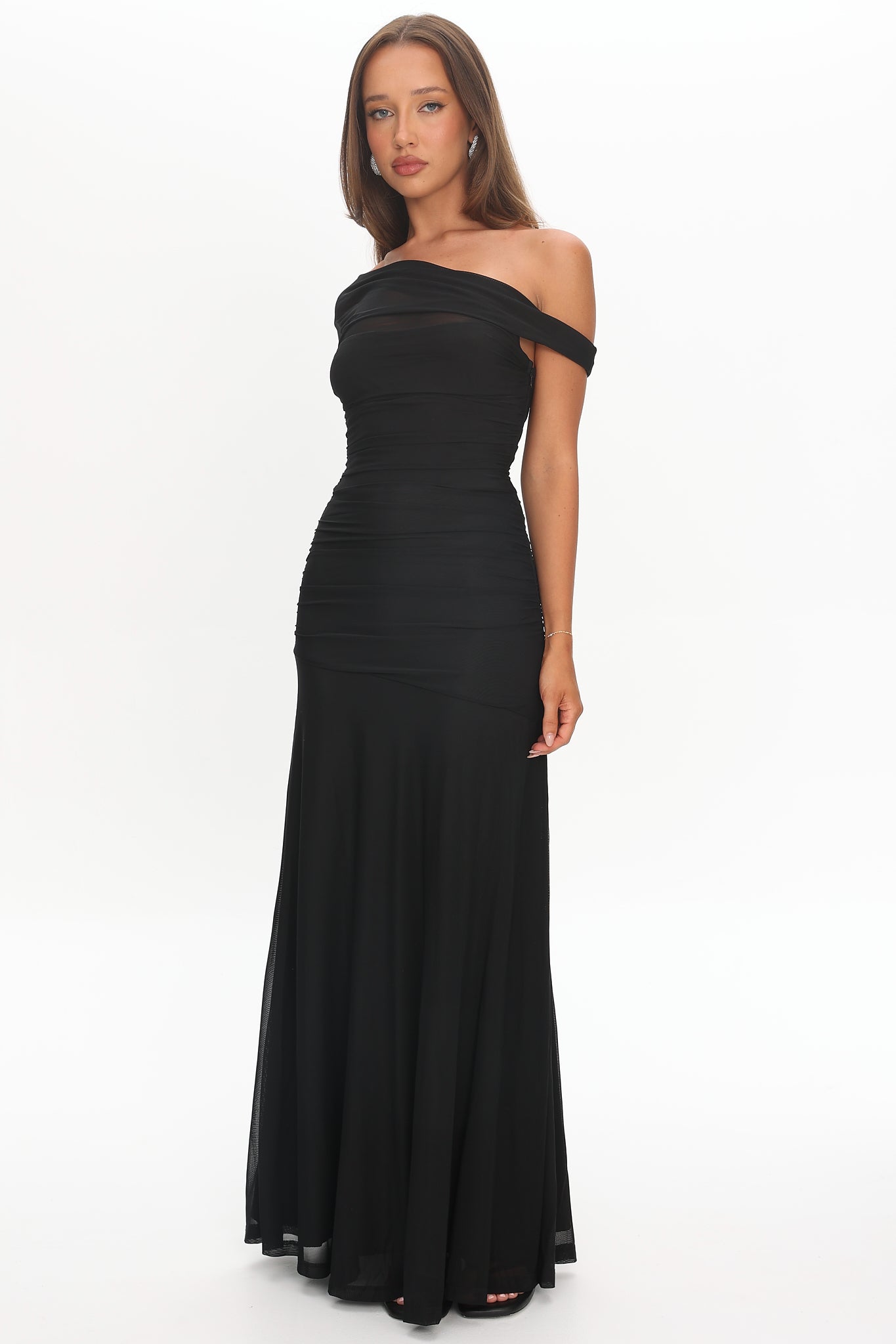 Lylah Asymmetric Mesh Maxi Dress