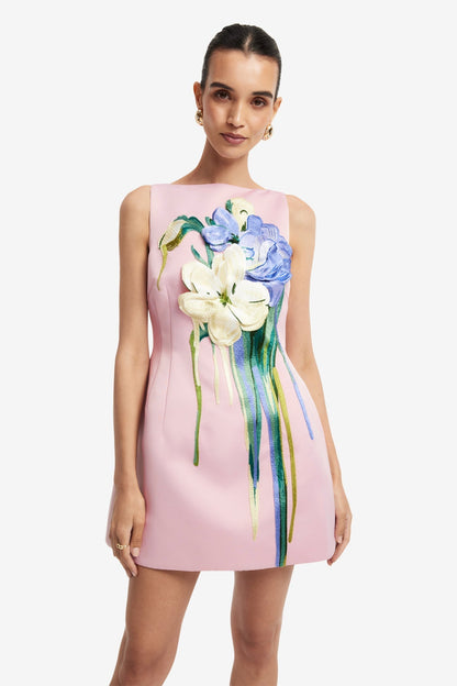 Alice Embroidered Mini Dress in Pastel Pink