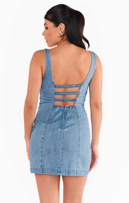 Stephanie Silk Mini Dress in Gloomy Blue
