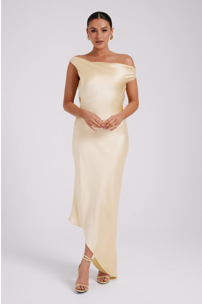 Yvette Asymmetrical Slip Maxi Dress in Emerald
