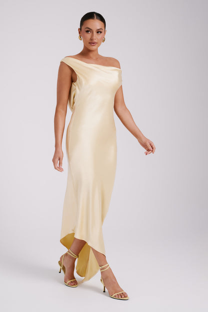 Yvette Asymmetrical Slip Maxi Dress in Emerald